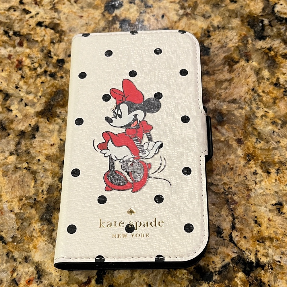 Kate Spade Cream Black Minnie Mouse iphone 13 mini. Approximate 2.5 x 5 1/8 in
